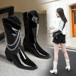 Chain Block Heel Mid-calf Boots