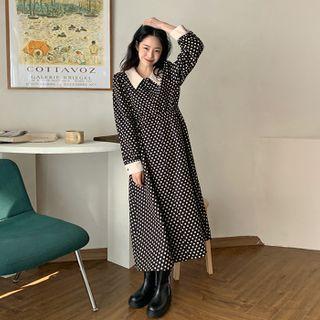 Collared Polka-dot Flared Long Dress Black - One Size