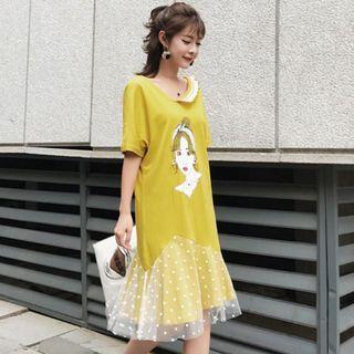 Short-sleeve Lace-panel Printed A-line Dress