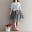 Set: Mesh Strappy Dress + Striped Short-sleeve Top