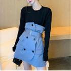 Long-sleeve T-shirt / Double-breasted Mini A-line Skirt