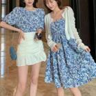 Short-sleeve Floral Print Blouse / Spaghetti Strap Midi A-line Dress
