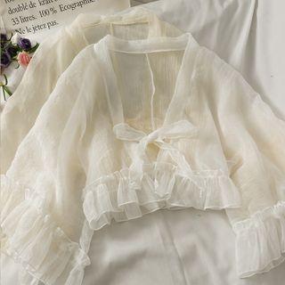 Open-front Ruffled-trim Crop Light Shawl