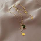 Rectangle Faux Crystal Pendant Stainless Steel Necklace Gold & Dark Green - One Size