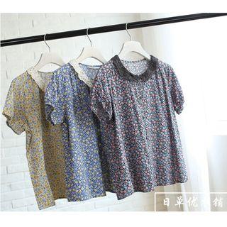 Lace Collar Floral Print Short Sleeve Top