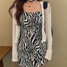 Plain Knit Cardigan / Zebra Print Slit Dress