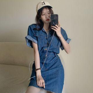 Short-sleeve Denim Mini Sheath Shirtdress