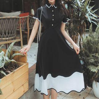 Short-sleeve Contrast Trim Color Block A-line Midi Dress