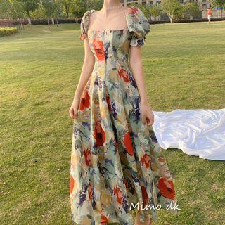 Floral Puff-sleeve Square Neck A-line Dress