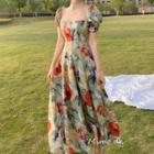 Floral Puff-sleeve Square Neck A-line Dress