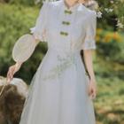 Short-sleeve Frog-button Lace Maxi Dress