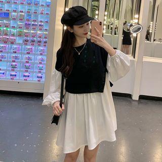 Puff Sleeve Knit Panel Mock Two Piece Dress