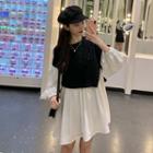 Puff Sleeve Knit Panel Mock Two Piece Dress