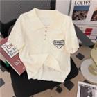 Short-sleeve Lettering Knit Polo Top Off-white - One Size