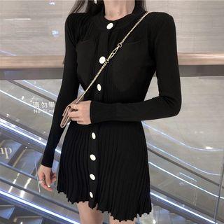 Long-sleeve Button-front Mini Pleated Knit Dress