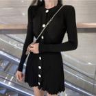 Long-sleeve Button-front Mini Pleated Knit Dress