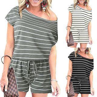 Asymmetric Cold-shoulder Short-sleeve Striped Playsuit