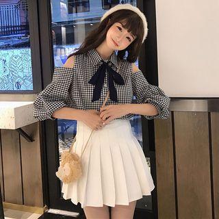 3/4-sleeve Cold-shoulder Shirt / Mini Pleated A-line Skirt