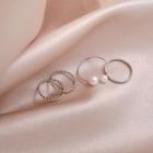 Set Of 4: Alloy / Faux Pearl Ring (assorted Designs) 4 Pcs - Silver - One Size