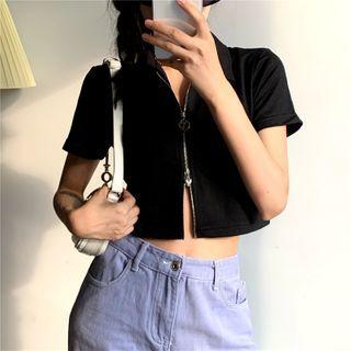 Short-sleeve Plain Zip Cropped Top