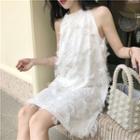 Sleeveless Feather-accent A-line Dress White - One Size