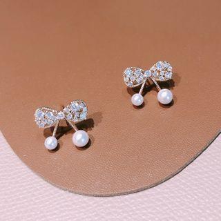 Rhinestone Faux Pearl Bow Ear Stud 1 Pair - White - One Size