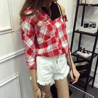 Mock Two Piece Cut Out Shoulder Plaid Shirt