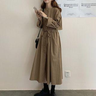 Long-sleeve Drawstring Midi A-line Dress Grayish Green - One Size
