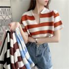Short-sleeve Striped Notched Knit Top