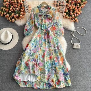 Tie-neck Elbow Sleeve Floral Print Dress