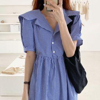 Collared Plaid Elbow-sleeve Maxi A-line Dress