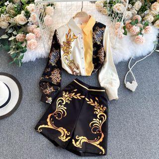 Set : Print Color Panel Shirt + Print High-waist Shorts