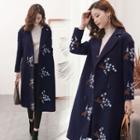 Flower Embroidered Notch Lapel Long Coat