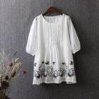 Butterfly Embroidered Elbow Sleeve Chiffon Top