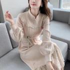 Mandarin Collar Lace Panel Knit Midi A-line Dress