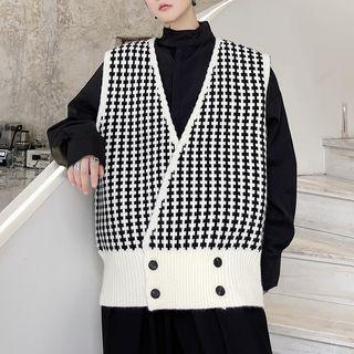 Double Breasted V-neck Pattern Knit Vest