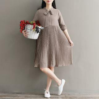 Patterned Bow Accent Long Sleeve Pleated Dress