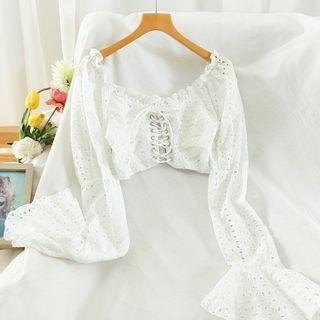 Lace-up Bell-sleeve Eyelet Blouse