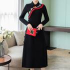 Long-sleeve Embroidered Midi A-line Qipao Dress