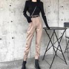 Long-sleeve Cutout-elbow Top / Skinny Pants / Belt / Set