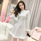 Long-sleeve Faux-fur Trim Lace Dress