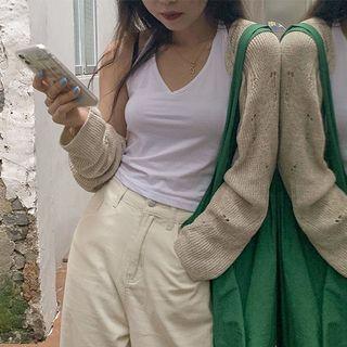Distressed Open-front Cropped Cardigan Almond - One Size