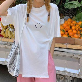 Short-sleeve Smiley Face Print Irregular T-shirt
