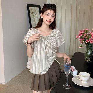 Short-sleeve Striped Blouse Stripe - Black & Beige - One Size