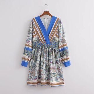 Long-sleeve V-neck Print Mini A-line Dress