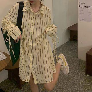 Long Sleeve Lace Up Striped Side Slit Shirtdress Yellow - One Size