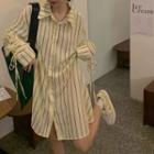 Long Sleeve Lace Up Striped Side Slit Shirtdress Yellow - One Size
