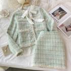 Set: Tweed Blazer + Skirt + Bow Neck Shirt