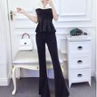 Set: Short-sleeve Paneled Blouse + Boot Cut Pants