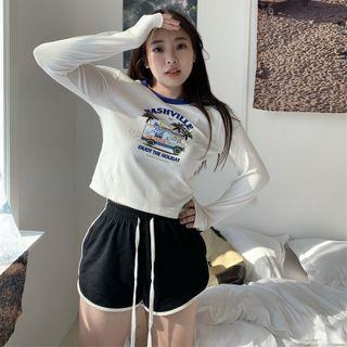 Long-sleeve Printed Cropped Top White - One Size